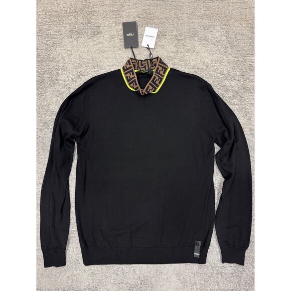 Fendi Brown Monogram Logo Green Trim Black Thin Knit Wool Turtleneck Sweater 48 - Picture 2 of 15